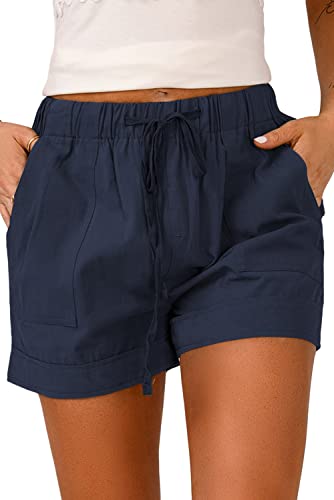 HVEPUO Damen-Sommer-Shorts aus Leinen, leger, elastischer Taillenbund mit Taschen, 02-blau, Mittel von HVEPUO