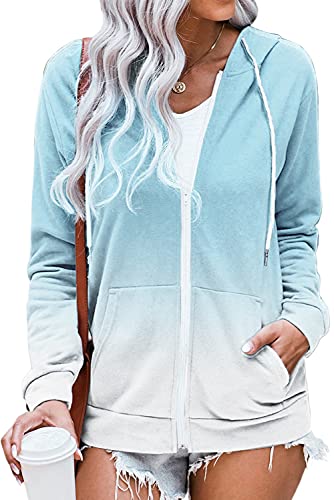 HVEPUO Damen Tie Dye Sweatjacke Reissverschluss Hoodie College Batik Jacke Colorblock Herbst Cardigan Vintage Aesthetic Cute Clothes Hoody Mit Kapuze Kapuzenjacke Hellblau Blau L von HVEPUO