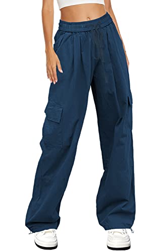 HVEPUO Fallschirmhose Damen Hip Hop Hose Cargo Hosen Frauen Kargohosen Teenager MäDchen Cargohose Damen Low Waist Marineblau S von HVEPUO