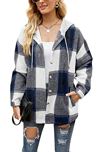 HVEPUO Flanellhemd Damen Kariert mit Kapuze Hemdjacke Knöpfen Langarm Hoodie Shacket Frauen Karierte Jacke Holzfällerjacke Mit Brusttaschen Dunkelblau M von HVEPUO