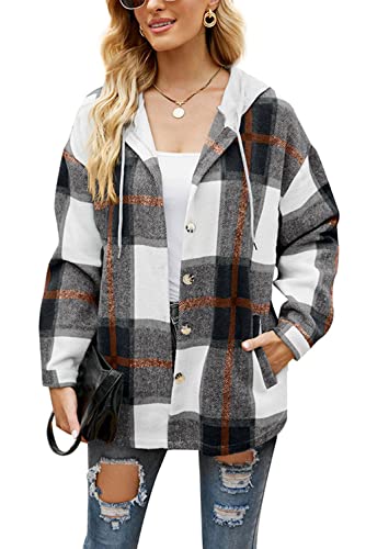 HVEPUO Flanellhemd Damen Kariert mit Kapuze Hemdjacke Knöpfen Langarm Hoodie Shacket Frauen Karierte Jacke Holzfällerjacke Mit Brusttaschen Schwarz L von HVEPUO