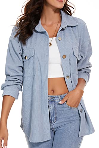 HVEPUO Herbstjacke Damen Cordhemden mit Knopfleiste und Langen Ärmeln Cord Hemd Tops Blau M von HVEPUO