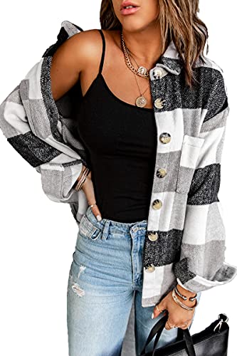 HVEPUO Karierte Jacke Damen Hemdjacke Knöpfen Langarm Bluse College Jacke Y2K Oberteile Karo Shacket Mantel Flanellhemd Frauen Holzfällerjacke Mit Brusttaschen Grau XS von HVEPUO