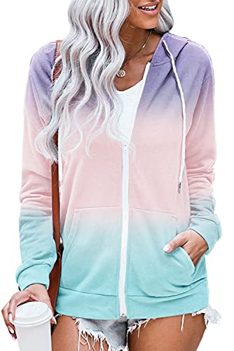 HVEPUO Klamotten Teenager Mädchen Zip Up Sweatjacke Damen Mit Kapuze Elegant Clothes Dünne Hemdjacke College Jacke Vintage Tie Dye Herbstmode Hoodies Für Damen Lila Blau XL von HVEPUO