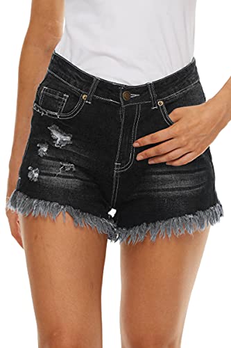 HVEPUO Kurz Schwarze Paperbag Luftige Hosen Damen Sexy Sommer Sachen Skinny Ripped Mum Jeans Stretch Quasten Hot Pants Teenager Mädchen Schwarze M von HVEPUO