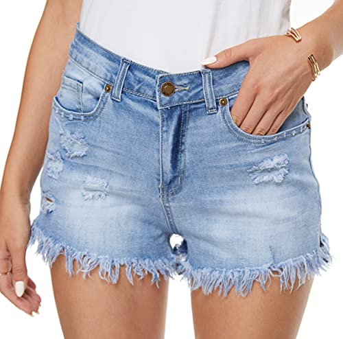 HVEPUO Kurz Sommer Hose Damen Normale Leibhöhe Stretch Hot Pants Destroyed Jeans Knöpfe Women Skinny Leicht Quast Shorts Für Mädchen Blau Gewaschen XXL von HVEPUO