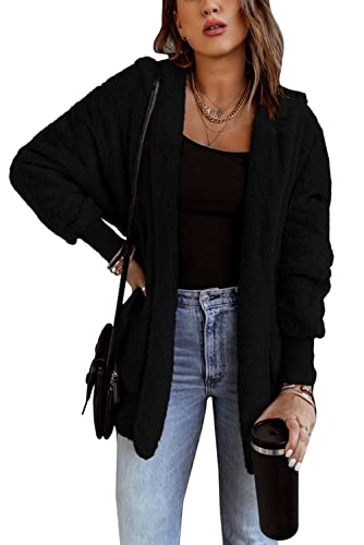 HVEPUO Kuscheljacke Damen Flauschig Elegant Herbst Winter Teddy Mantel Warm Übergangsjacke Teddy Fleece Fluffy Cardigan Schwarz L von HVEPUO