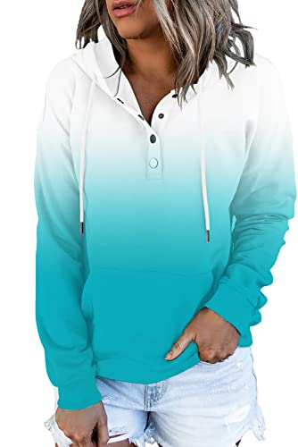 HVEPUO Pullover Damen V Ausschnitt Henley Knopfleiste Hoodie Elegant Langarm Button Up Sweatshirt Klamotten Teenager Mädchen Kapuzenpullover Oberteile Blau M von HVEPUO