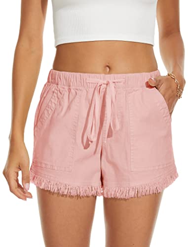 HVEPUO Shorts Damen Sommer Kurze Hosen Elastischem Stoff Solide Strand Shorts mit Taschen Rosa XL von HVEPUO