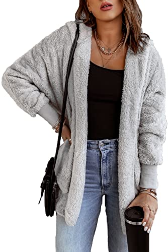 HVEPUO Teddy Jacke Fur Damen Fleecejacke Lang Teddy - Mantel Kuschelig Plüsch Kapuzenpullover Teddy-Fleece Pullover Herbst Winter Warm Oberteil Langarm Einfarbig Casual Grau L von HVEPUO