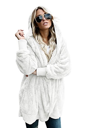 HVEPUO Teddyfleece Jacke Damen Ladies Hooded Teddy Coat Frühling Teddyplüsch Cardigan Mit Kapuze Weiß L von HVEPUO