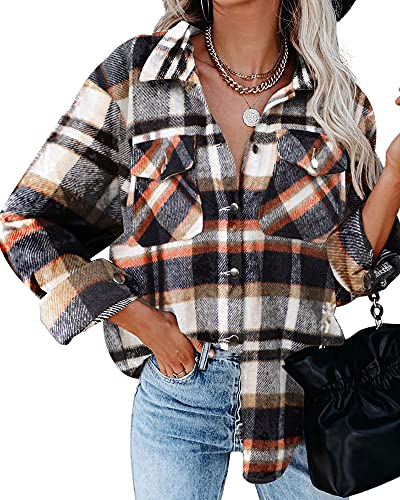 HVEPUO Teenager Mädchen Oversize Hemdjacke Kariertes Knöpfen Langarm Bluse College Jacke Damen Y2K Oberteile Karo Shacket Mantel Flanellhemd Frauen Holzfällerjacke Mit Brusttaschen Orange M von HVEPUO