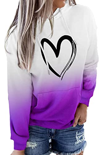 HVEPUO Teenager Mädchen Pullover Herz Print Hoodie Couple Farbverlauf University Hoody Damen Mit Kapuze Herbst Queen Heart Kapuzenpullov Batik Oberteil Lila L von HVEPUO