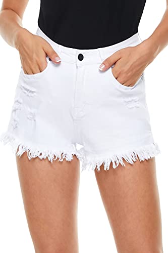 HVEPUO Weiße Kurze Hosen Kinder Mädchen Vintage Helle Jeans Hot Pants Slim Fit Röhrenjeans Bequem Mit Knopfleiste Damen-Shorts Löcher Fransen Schlitz Weiss S von HVEPUO