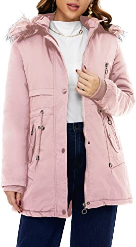 HVEPUO Winterjacke Parka Damen Winter mit Fell Gefüttert Outdoor Mantel Jacken Für Damen Hoody Hybrid Jacke Übergangsjacke Teenager Mädchen Wintermantel Schietwetter Rosa L von HVEPUO