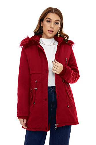 HVEPUO Winterjacke Parka Damen Winter mit Fell Gefüttert Outdoor Mantel Jacken Für Damen Hoody Hybrid Jacke Übergangsjacke Teenager Mädchen Wintermantel Schietwetter Rot M von HVEPUO