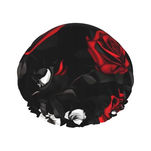 Duschhaube für Damen und Herren, wiederverwendbar, leicht, weich, mit elastischem Band, Schwarz / Weiß / Rot von HVTTIOR