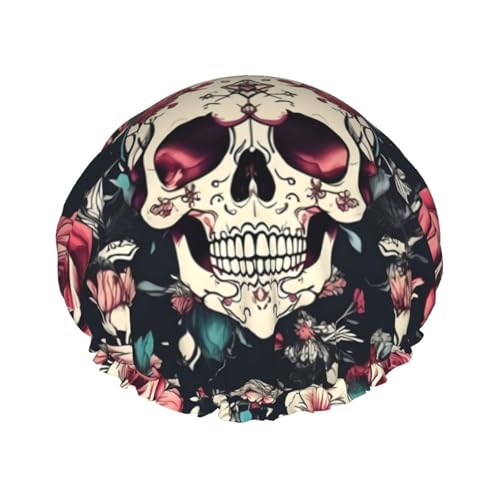 Duschhaube mit Blumen-Totenkopf-Motiv, für Damen und Herren, wiederverwendbar, leicht, weich, mit Gummiband von HVTTIOR