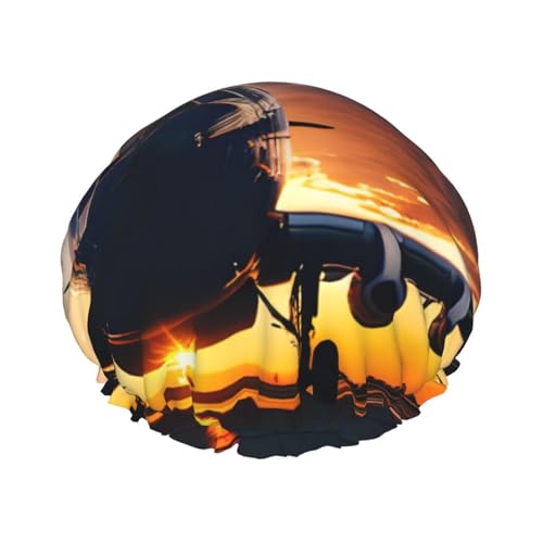 Duschhaube mit Flugzeugmotiv bei Sonnenuntergang, für Damen und Herren, wiederverwendbar, leicht, weich, mit Gummiband von HVTTIOR