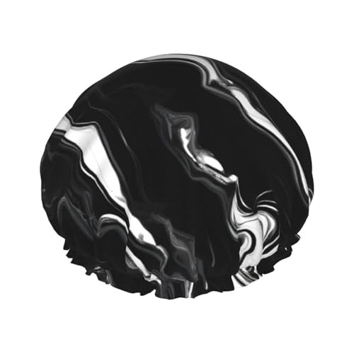 Duschhaube mit Marmor-Druck, für Damen und Herren, wiederverwendbar, leicht, weich, mit elastischem Band, Schwarz / Weiß von HVTTIOR