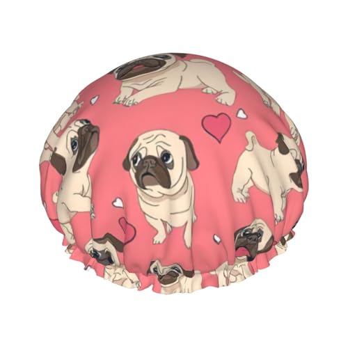 Duschhaube mit Mops-Aufdruck, für Damen und Herren, wiederverwendbar, leicht, weich, mit elastischem Band von HVTTIOR