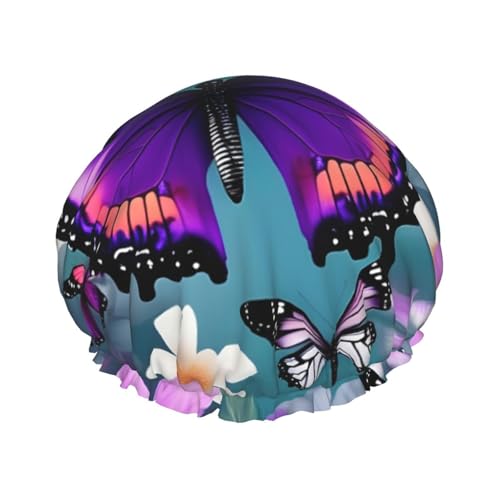 Duschhaube mit Schmetterlings- und Blumendruck, für Damen und Herren, wiederverwendbar, leicht, weich, mit elastischem Band, Violett von HVTTIOR