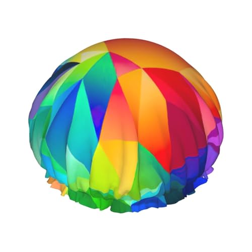 Duschhaube mit geometrischem Regenbogen-Druck, für Damen und Herren, wiederverwendbar, leicht, weich, Badekappe mit elastischem Band Duschhaube mit geometrischem Regenbogen-Druck, für Damen und Herren, wiederverwendbar, leicht, weich, Badekappe mit elastischem Band von HVTTIOR