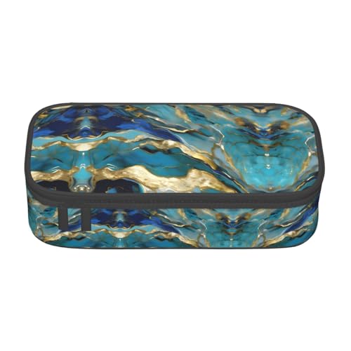 HVTTIOR Azurit Blaugrün und Folie Gold Öl Marmor Muster Druck Essential Große Kapazität Federmäppchen 21,6 x 5,1 x 9,4 cm Funktionstasche für Damen von HVTTIOR
