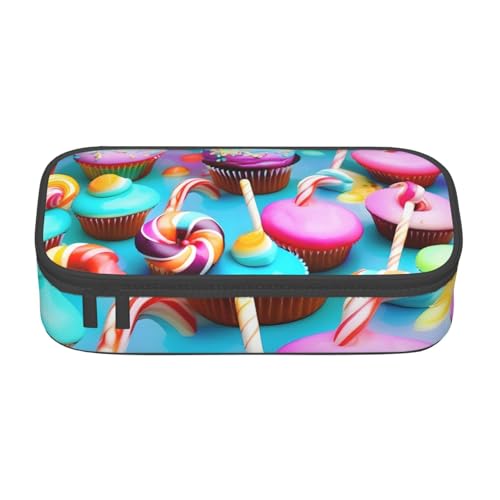 HVTTIOR Buntes Federmäppchen mit süßem Lutscher-Cupcake-Donut-Druck, großes Fassungsvermögen, 21,6 x 5,1 x 9,4 cm, funktionale Tasche für Damen von HVTTIOR