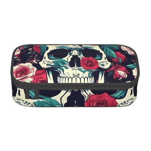HVTTIOR Federmäppchen mit Blumenschädel und Ornamentdruck, großes Fassungsvermögen, 21,6 x 5,1 x 9,4 cm, funktionale Tasche für Damen von HVTTIOR