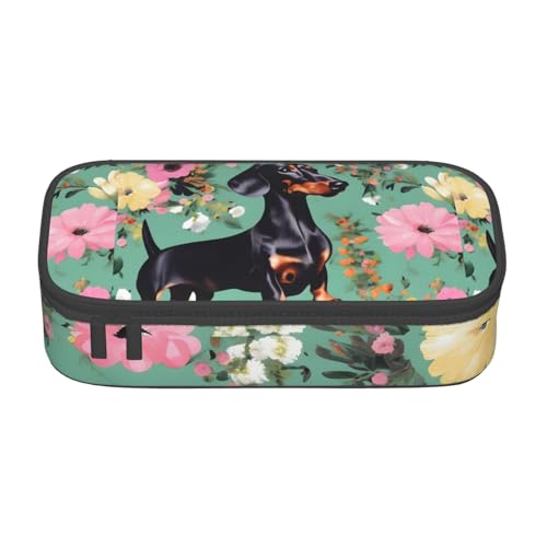 HVTTIOR Federmäppchen mit Dackel-Blumendruck, großes Fassungsvermögen, 21,6 x 5,1 x 9,4 cm, funktionale Tasche für Damen von HVTTIOR