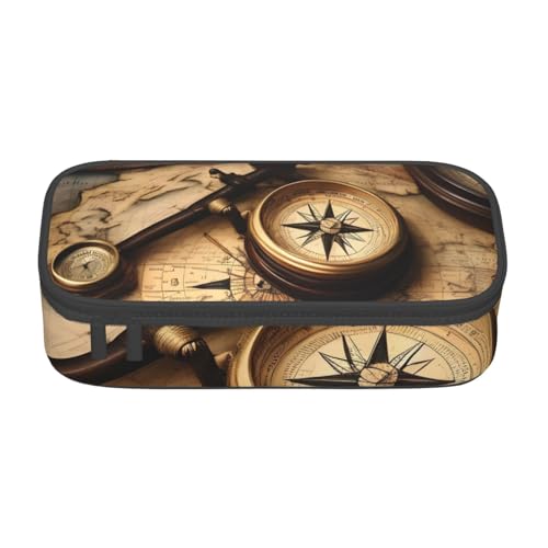 HVTTIOR Federmäppchen mit Kompass und alter Weltkarte, großes Fassungsvermögen, 21,6 x 5,1 x 9,4 cm, funktionale Tasche für Damen von HVTTIOR