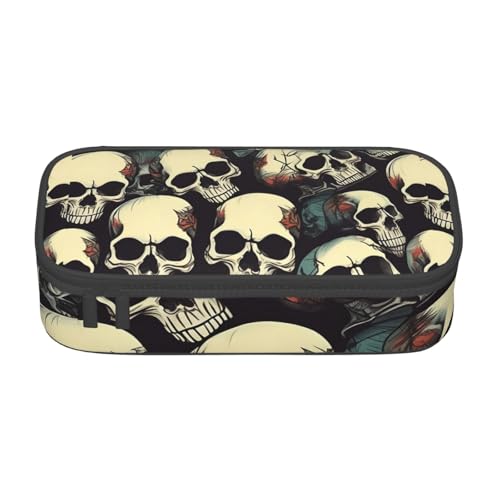 HVTTIOR Federmäppchen mit Totenkopf-Skelett-Druck, große Kapazität, 21,6 x 5,1 x 9,4 cm, funktionale Tasche für Damen von HVTTIOR