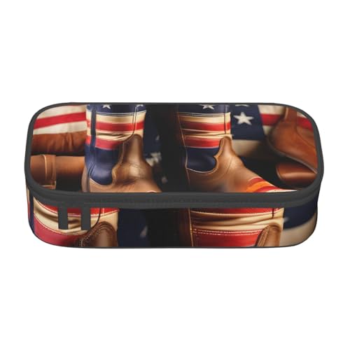 HVTTIOR Federmäppchen mit amerikanischer Flagge und Cowboystiefeln, großes Fassungsvermögen, 21,6 x 5,1 x 9,4 cm, funktionale Tasche für Damen von HVTTIOR