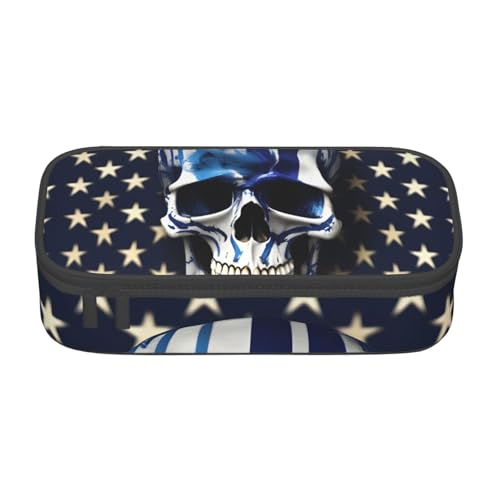HVTTIOR Federmäppchen mit blauen Streifen und Sternen und Totenkopf-Aufdruck, großes Fassungsvermögen, 21,6 x 5,1 x 9,4 cm, funktionale Tasche für Damen von HVTTIOR