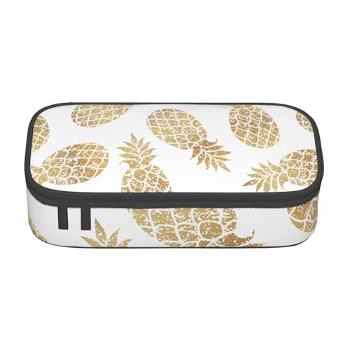 HVTTIOR Federmäppchen mit goldenem Ananas-Hintergrund, großes Fassungsvermögen, 21,6 x 5,1 x 9,4 cm, funktionale Tasche für Damen von HVTTIOR
