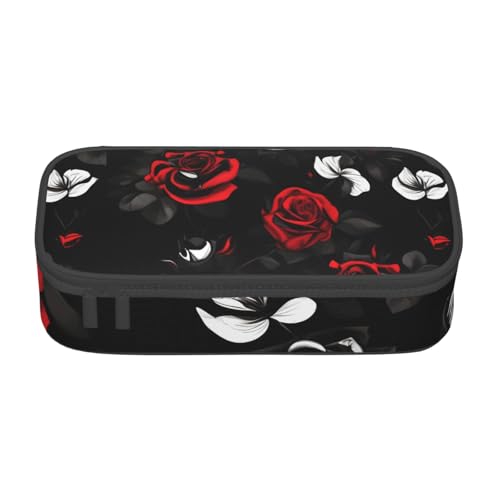 HVTTIOR Federmäppchen mit schwarz-weißen und roten Rosen, großes Fassungsvermögen, 21,6 x 5,1 x 9,4 cm, funktionale Tasche für Damen von HVTTIOR