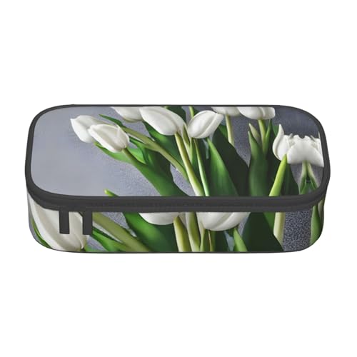 HVTTIOR Federmäppchen mit weißen Tulpen und Blumen, große Kapazität, 21,6 x 5,1 x 9,4 cm, funktionale Tasche für Damen von HVTTIOR