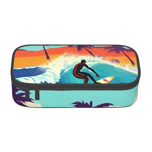 HVTTIOR Hawaiianischer Surfer auf gewelltem Druck Essential Große Kapazität Federmäppchen 8,3 x 2 x 3,7 Zoll Funktionstasche für Frauen von HVTTIOR