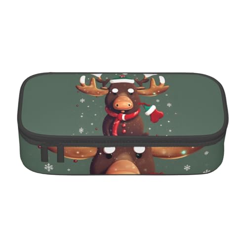 HVTTIOR Lustiges Weihnachts-Federmäppchen mit Elchkopf-Aufdruck, großes Fassungsvermögen, 21,6 x 5,1 x 9,4 cm, funktionale Tasche für Damen von HVTTIOR