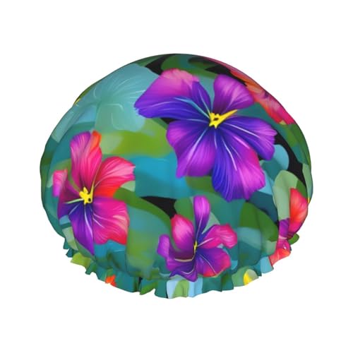 Hawaiianische Duschhaube mit buntem Blumendruck, für Damen und Herren, wiederverwendbar, leicht, weich, Badekappe mit elastischem Band von HVTTIOR