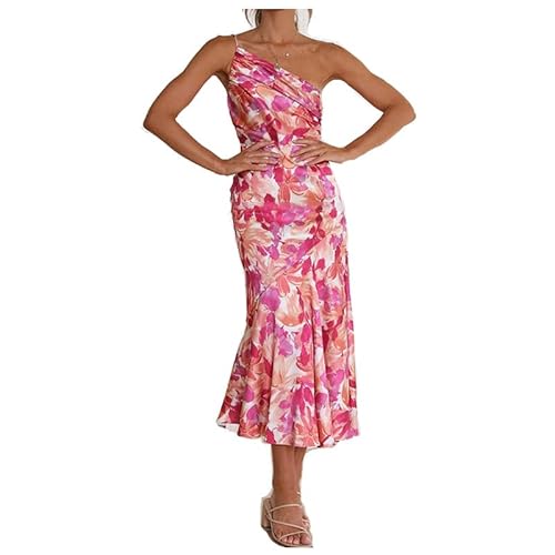 HVVTAKI Damen Sommerkleid Pendeln minimalistisch Bedruckte mittellange Rock Schräger Ausschnitt ärmelloser Slim Fit Rock mit Überraschungsgeschenk,Rosa,S von HVVTAKI