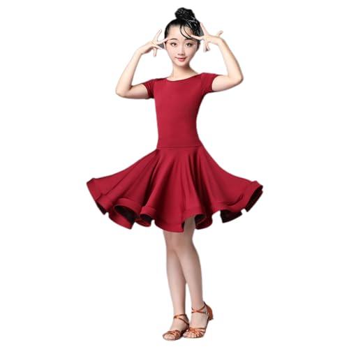 HWBZSZY Kinder Mädchen Kurzarm Latein Tanz Kleid Trikot Elastische Taille Rüschenrock Samba Tango Einteiler Kinder Tanzbekleidung Performance Ballsaal Tanz Kostüm,Rot,160cm von HWBZSZY