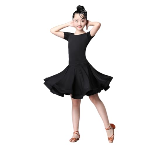 HWBZSZY Kinder Mädchen Kurzarm Latein Tanz Kleid Trikot Elastische Taille Rüschenrock Samba Tango Einteiler Kinder Tanzbekleidung Performance Ballsaal Tanz Kostüm,Schwarz,170cm von HWBZSZY