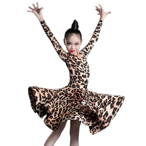 HWBZSZY Kinder Mädchen Latein Kleid Langarm Lotus Blatt Form Rock Ballsaal Salsa Cha Cha Dance Party Kostüm mit Trikot Bühne Performance Praxis Outfit 2 Stück,Braun,130 von HWBZSZY