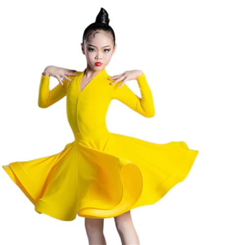 HWBZSZY Kinder Mädchen Latein Kleid Langarm Lotus Blatt Form Rock Ballsaal Salsa Cha Cha Dance Party Kostüm mit Trikot Bühne Performance Praxis Outfit 2 Stück,Gelb,170 von HWBZSZY