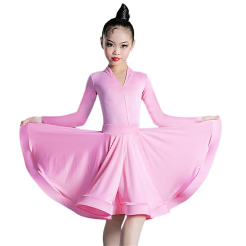 HWBZSZY Kinder Mädchen Latein Kleid Langarm Lotus Blatt Form Rock Ballsaal Salsa Cha Cha Dance Party Kostüm mit Trikot Bühne Performance Praxis Outfit 2 Stück,Rosa,150 von HWBZSZY