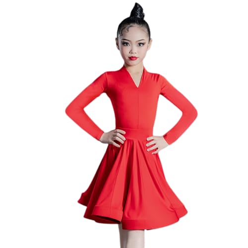 HWBZSZY Kinder Mädchen Latein Kleid Langarm Lotus Blatt Form Rock Ballsaal Salsa Cha Cha Dance Party Kostüm mit Trikot Bühne Performance Praxis Outfit 2 Stück,Rot,120 von HWBZSZY