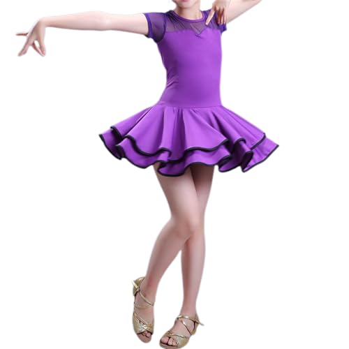 HWBZSZY Kinder Mädchen Latein Trikot Tanzkleid Für Rumba Samba Cha Cha Tango Tanz Einteiliger Faltenrock Kurze Ärmel Rundhals Tanzkleidung Kinder Tanz Performance Kostüm,Lila,170cm von HWBZSZY