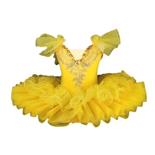 HWBZSZY Professionelles Ballett Tutu Kleid Kinder Bunt Schwanensee Ballerina Party Tanz Kostüm glänzende Pailletten Gymnastik Tanz Tanz Trikot Ballsaal Tanzbekleidung für Mädchen,Gelb,110cm von HWBZSZY